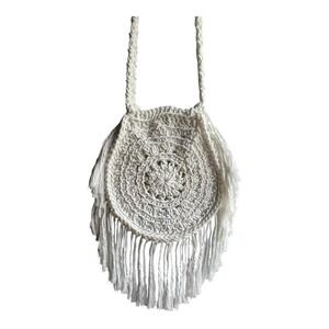 Crochet Fringe Crossbody Bag Round Boho Cream White